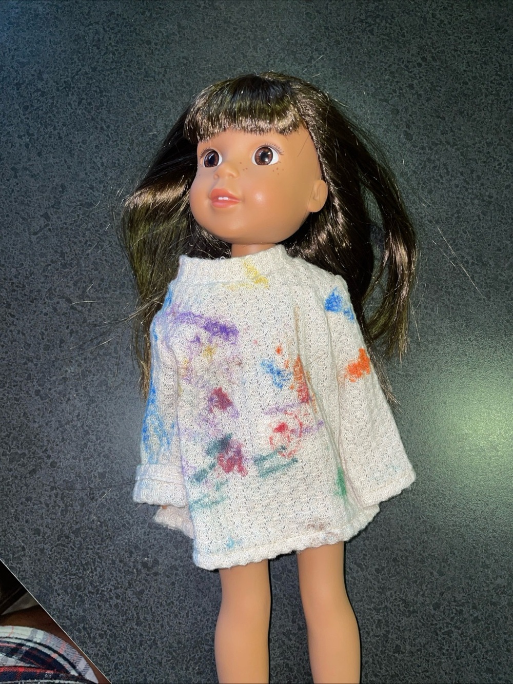 American Girl Doll with White Paint-Splattered Sweater brown hair brown eyes